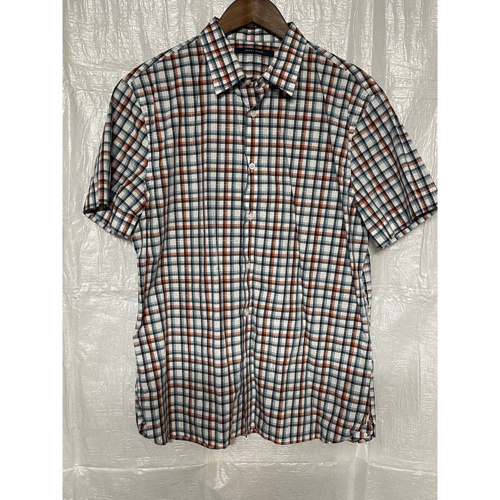 Perry Ellis Men's Short Sleeve Plaid Button Down Shirt‎ Cotton Navy Orange L